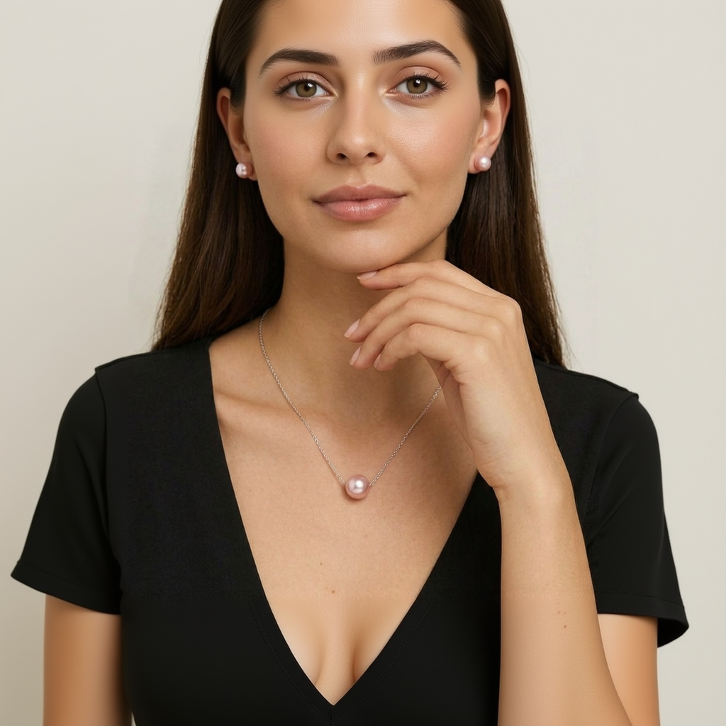 Woman wearing a pearl necklace and earrings on a plain background