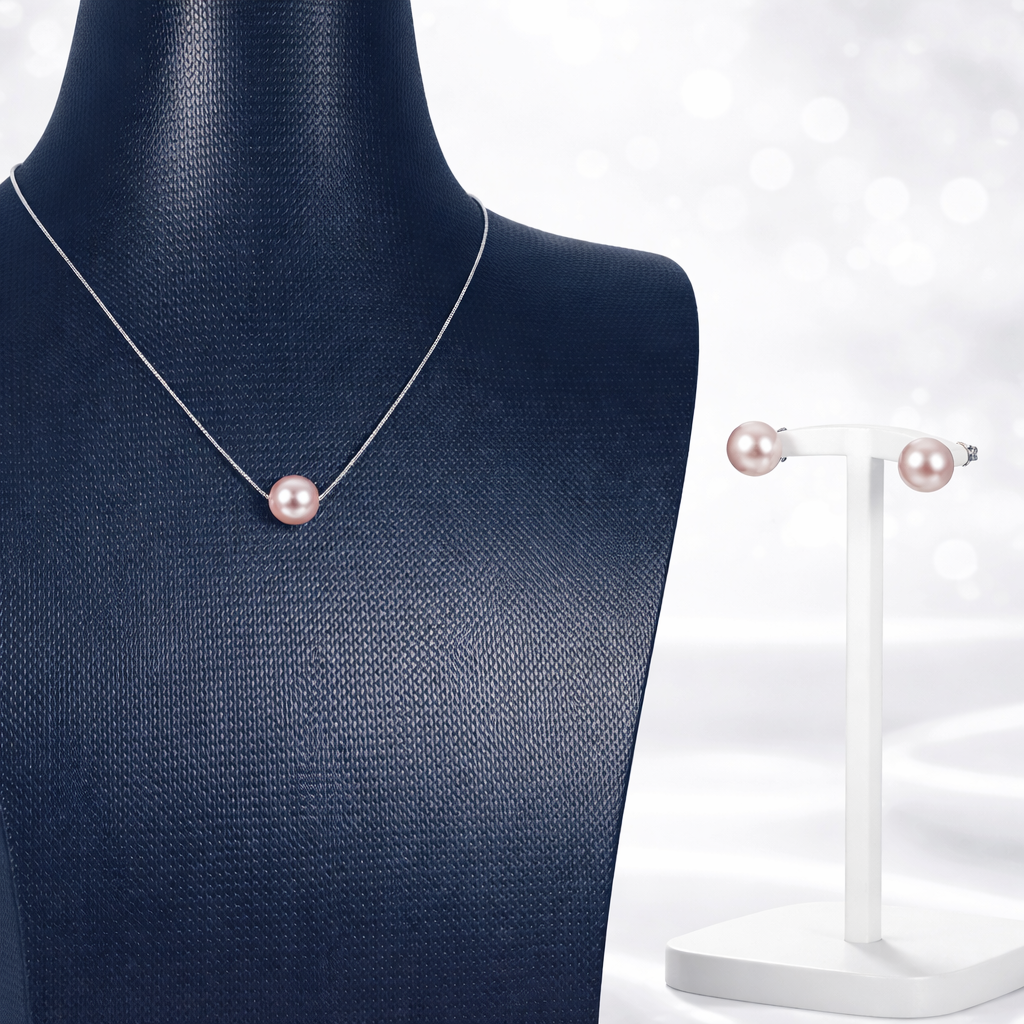 Pearl necklace and earrings on a mannequin and stand