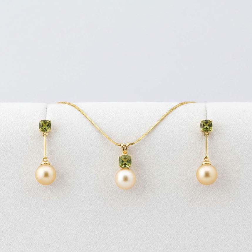 Golden South Sea Pearl with Natural Peridot Stones Lithgow Set 8.5 - 9.5 MM