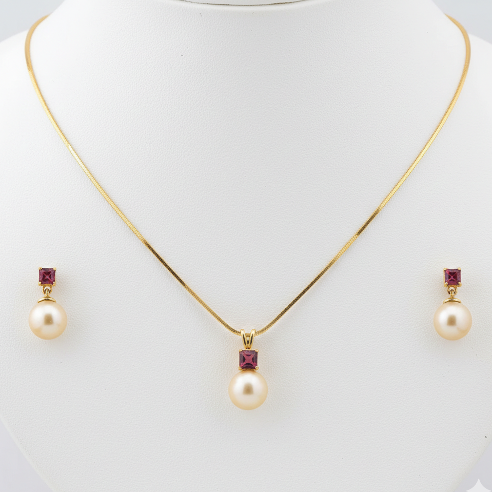 Golden South Sea Pearl with Pink Tourmaline Stone Lithgow Set 8.5 - 9.5 MM