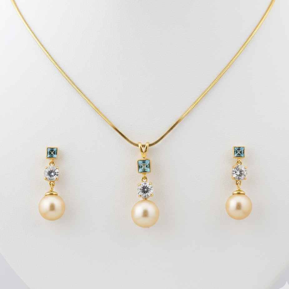 Golden South Sea Pearl with Blue & White Topaz Stones Lithgow Set 9.5 - 10.5 MM