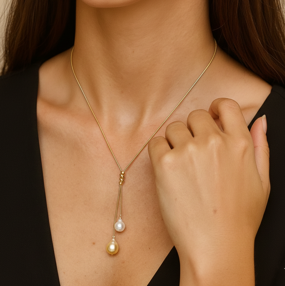 South Sea Baroque White and Gold Long Chain Necklace 13 and 15 mm AA+