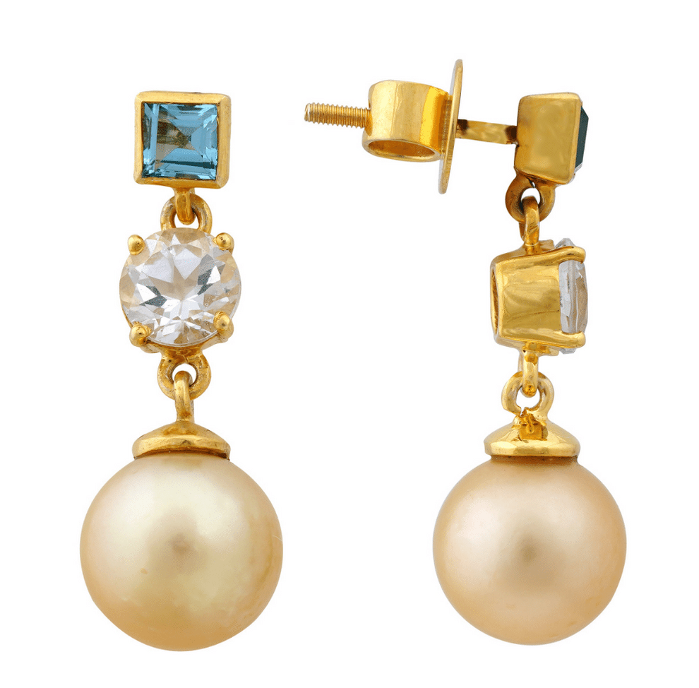 Golden South Sea pearl drop earrings with blue and white topaz