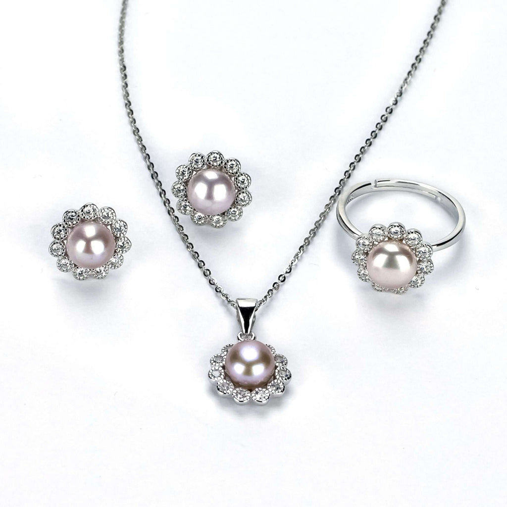Purple Freshwater Pearl Sets 8-10 mm in 925 Sterling Silver