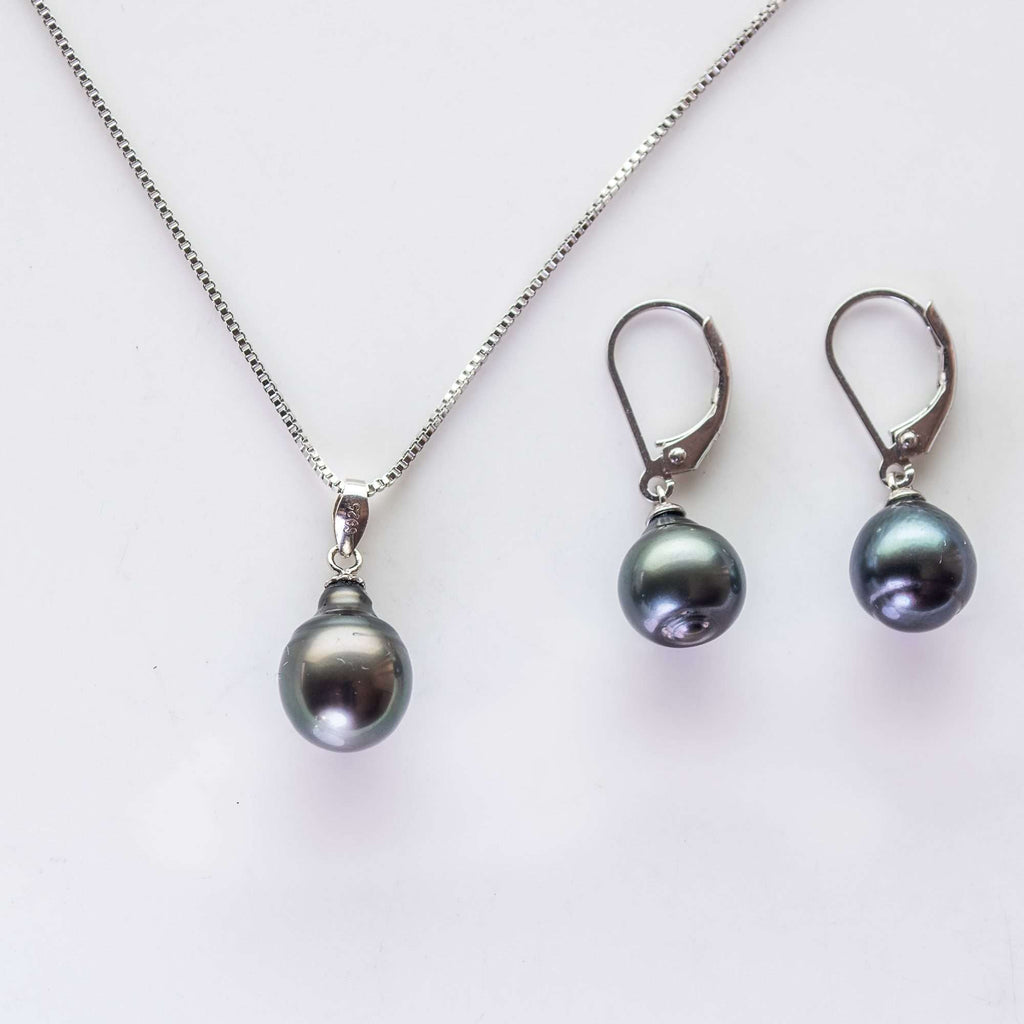 Black South Sea Pearl Sets 8-10 mm in 925 Silver Rhodium Plated