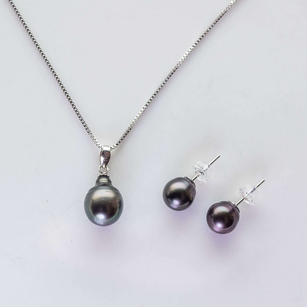 Black South Sea Pearl Sets 8-10 mm in 925 Silver Rhodium Plated