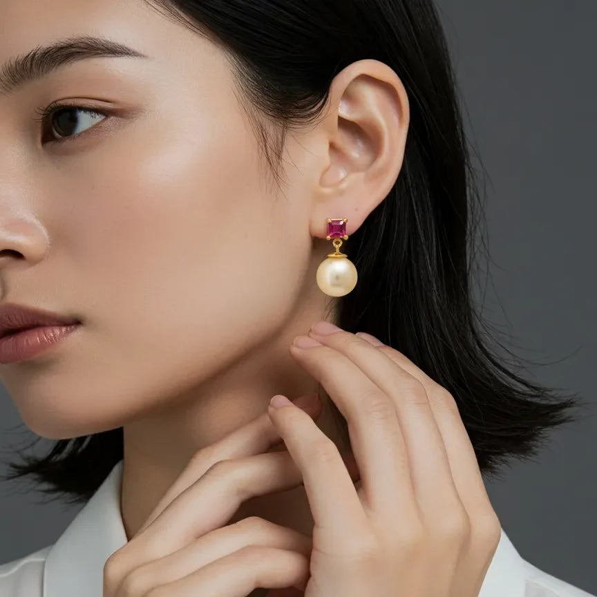 Golden South Sea Pearl with Pink Tourmaline Melbourne Drop Earrings 9.5-10.5mm