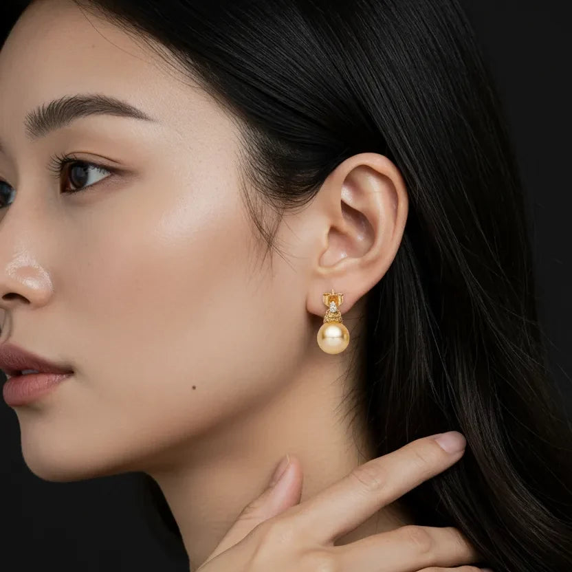 Gold South Sea Pearl Earrings 12-13 mm in Sterling Silver