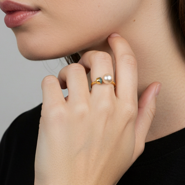 South Sea Pearl with Aquamarine Ring in Sterling Silver