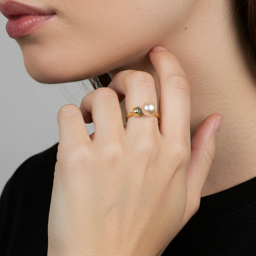 South Sea Pearl with Aquamarine Ring in Sterling Silver