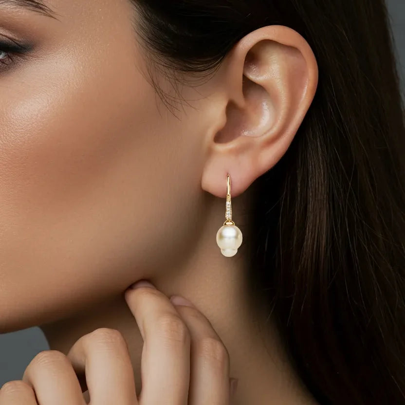 Gold South Sea Pearl Earrings 12-13 mm in Sterling Silver