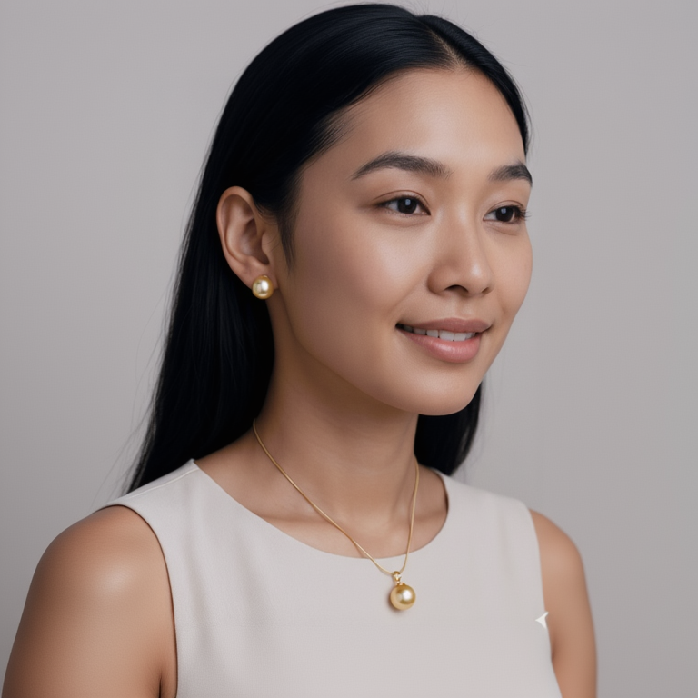 Woman wearing a gold necklace and earrings against a neutral background