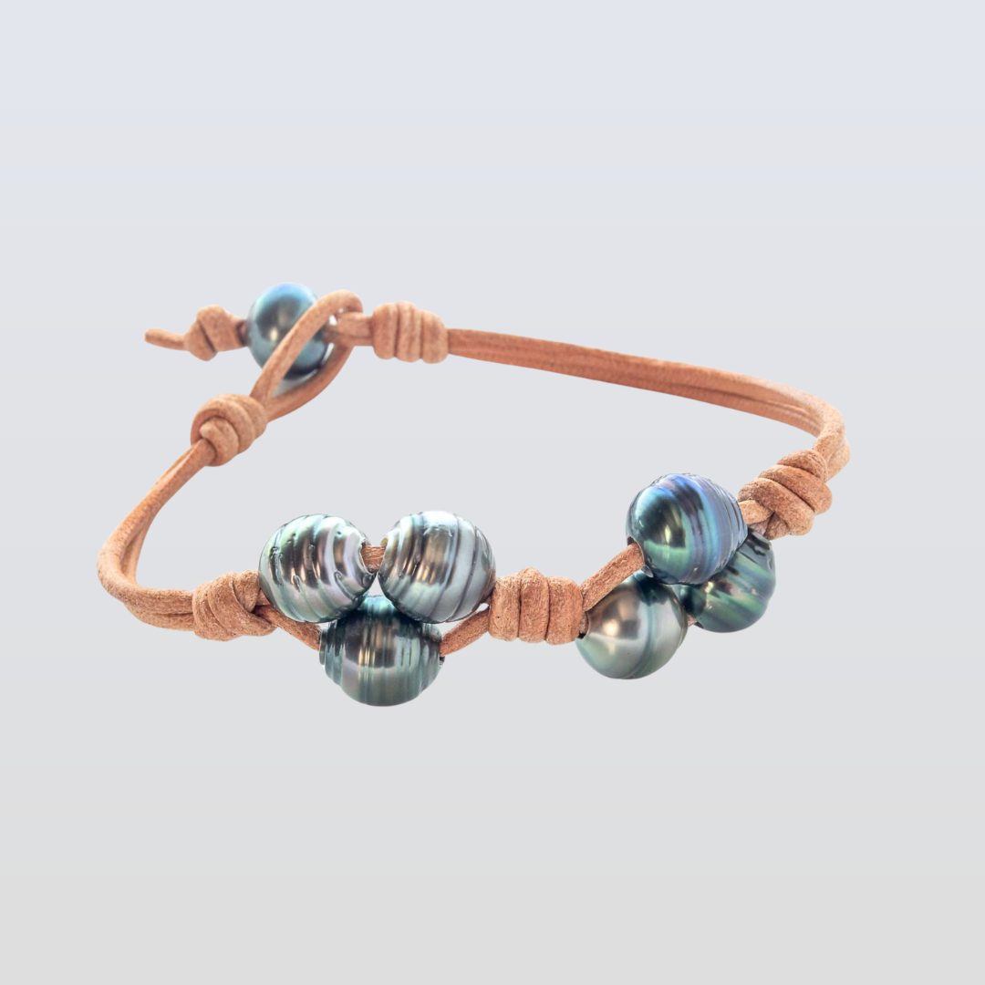 6 Tahitian Pearls 9 -11 MM Grey Undertone Broome Leather Bracelet