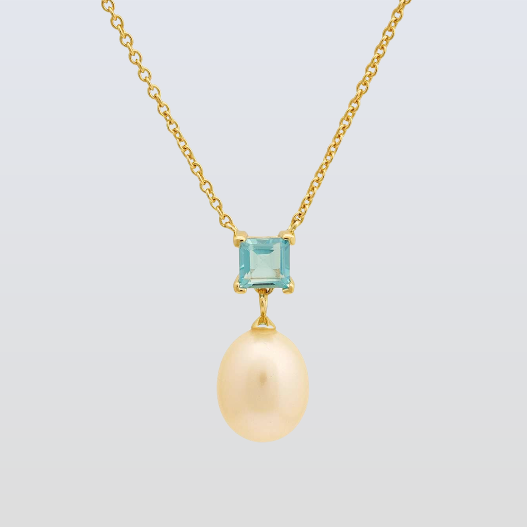 5 MM Blue Topaz Square Cut Stone & 9 - 9.5 MM Freshwater Pearl Venice Drop Pendant Necklace - Adjustable Chain in 24 CT Silver 925 Setting