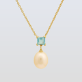 5 MM Blue Topaz Square Cut Stone & 9 - 9.5 MM Freshwater Pearl Venice Drop Pendant Necklace - Adjustable Chain in 24 CT Silver 925 Setting