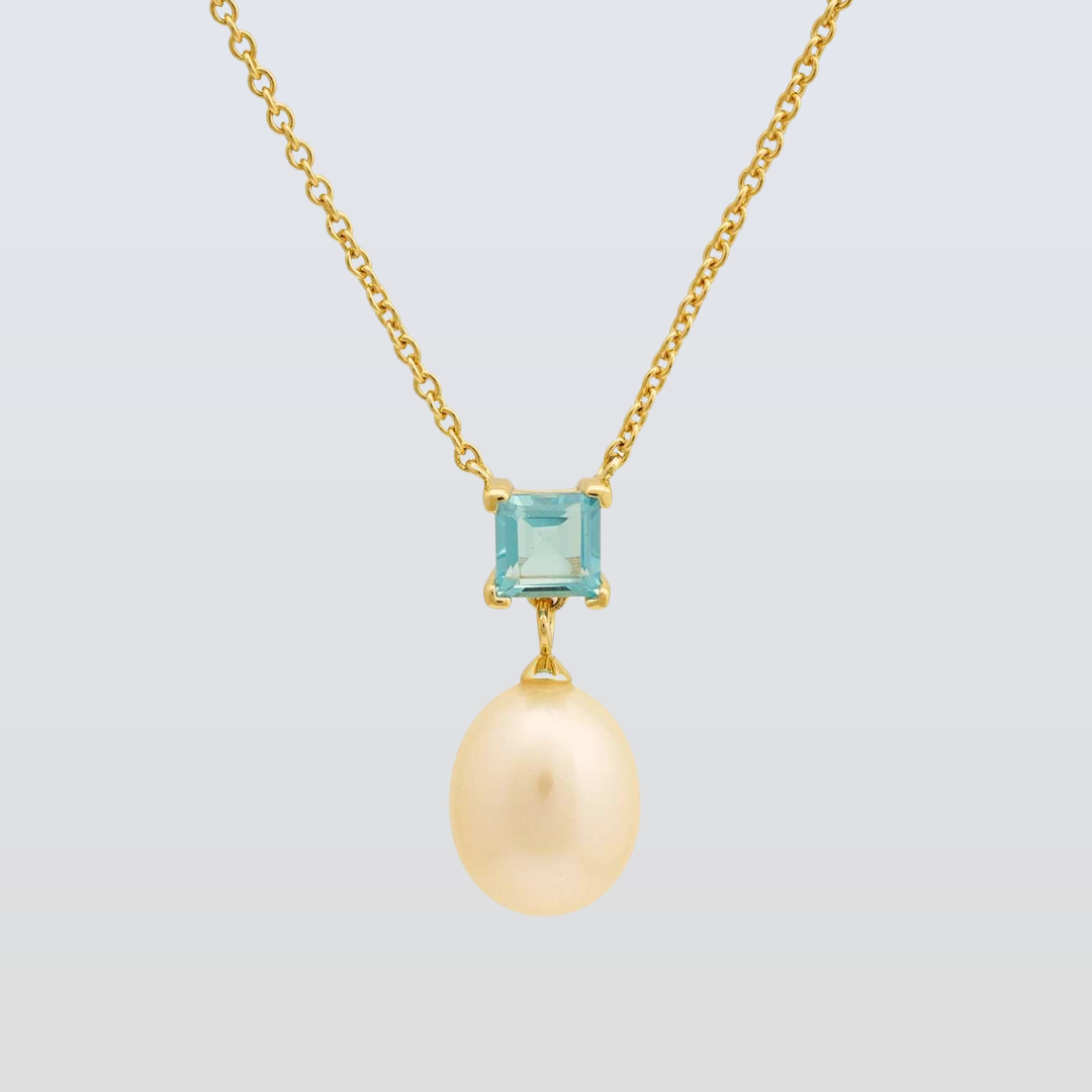 5 MM Blue Topaz Square Cut Stone & 9 - 9.5 MM Freshwater Pearl Venice Drop Pendant Necklace - Adjustable Chain in 24 CT Silver 925 Setting