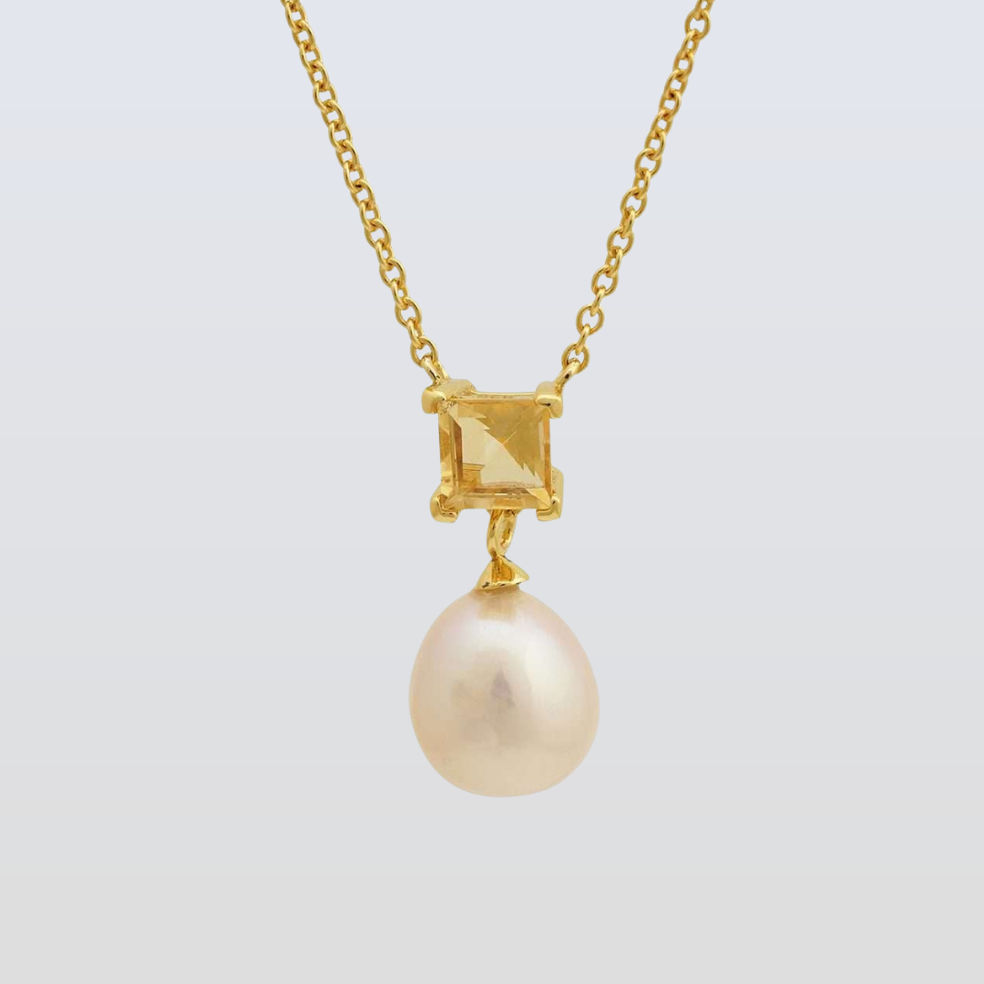 5 MM Citrine Stone & 9 - 9.5 MM Freshwater Pearl Venice Pendant in 24 CT Gold Plated Silver 925 Setting