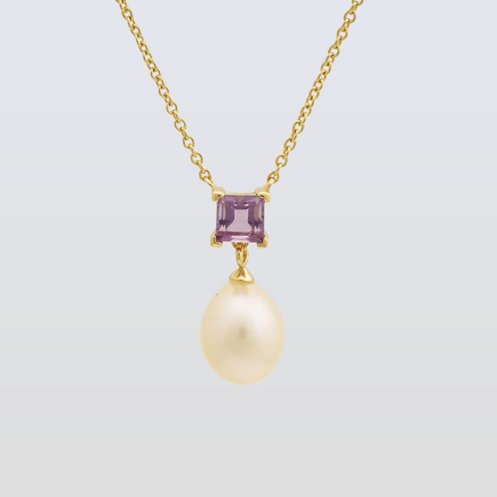 5 MM Amethyst Stone & 9 - 9.5 MM Freshwater Pearl Venice Pendant 24 CT Gold Plated Silver 925 Setting