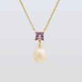 5 MM Amethyst Stone & 9 - 9.5 MM Freshwater Pearl Venice Pendant 24 CT Gold Plated Silver 925 Setting