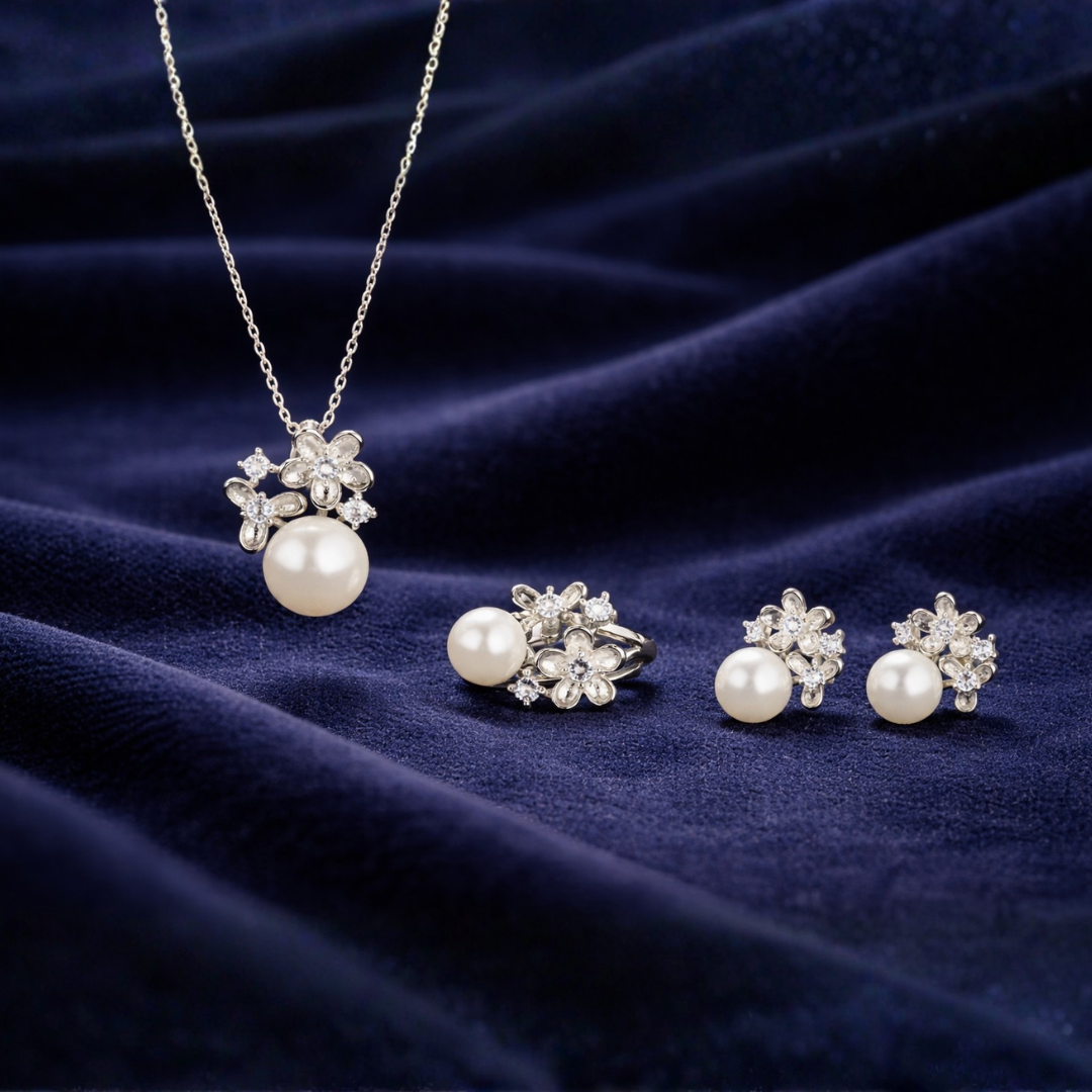 Freshwater White Button Shaped Pearl Merriwa Jewellery Set 8-10 mm AAAA