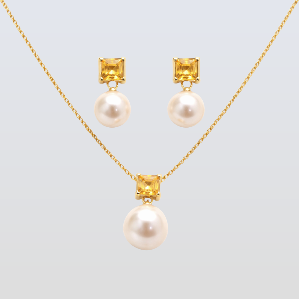 5 MM Citrine Stone & 9 MM Cultured Freshwater Pearl Ankara Set