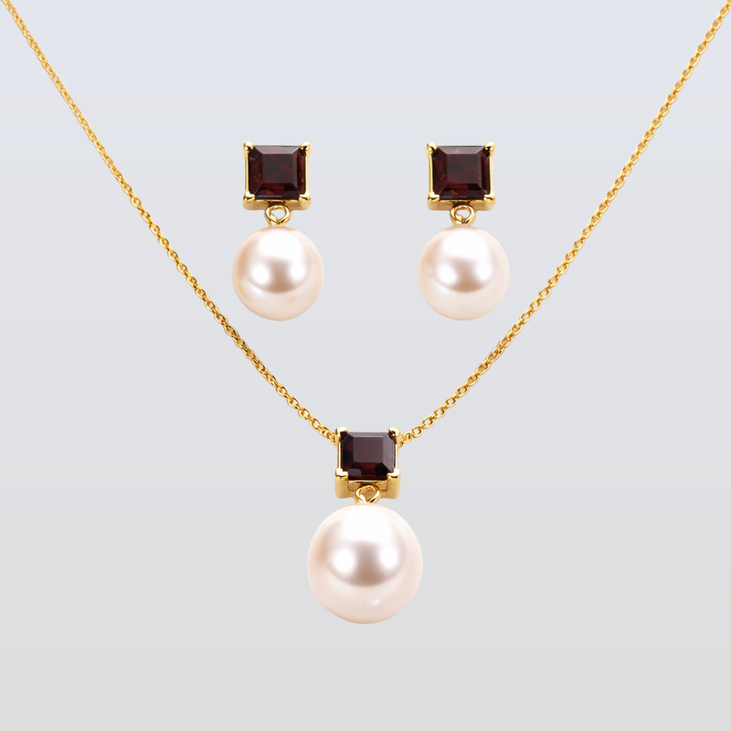 5 MM Red Garnet Stone & 9 MM Cultured Freshwater Pearl Ankara Set