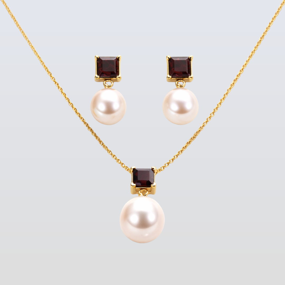 5 MM Red Garnet Stone & 9 MM Cultured Freshwater Pearl Ankara Set