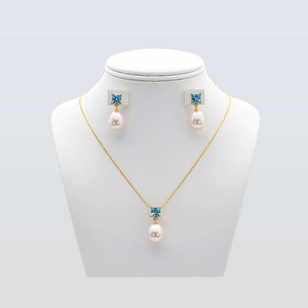 5 MM Swiss Blue Topaz Stone & 9 MM Cultured Freshwater Pearl Ankara Set