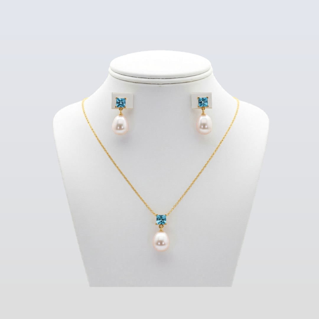 5 MM Swiss Blue Topaz Stone & 9 MM Cultured Freshwater Pearl Ankara Set
