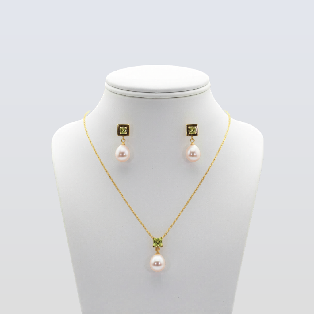 4 MM Round and 5 MM Square Peridot Stone & 9 MM Cultured Freshwater Pearl Bombay Set