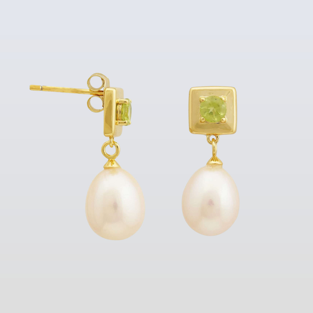 4 MM Peridot Stone & 9 - 9.5 MM Freshwater Pearl Vienna Earrings in 24 CT Gold Plated Silver 925 Setting