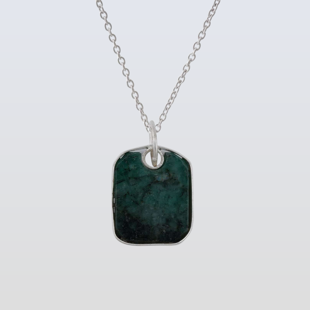 Raw Emerald Pendant in rectangular shape for Men handmade in Silver 925