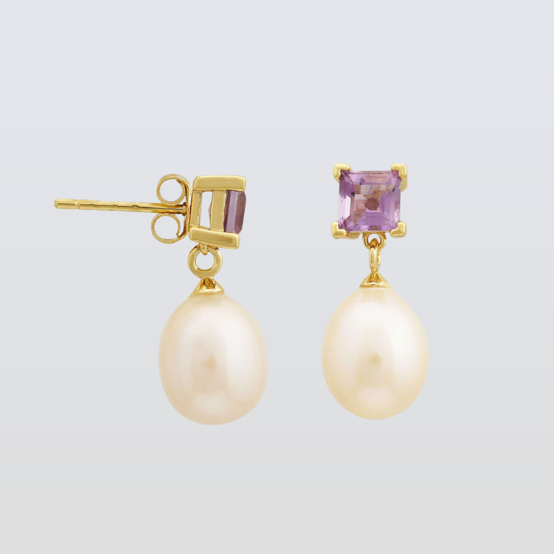 5 MM Amethyst Stone & 9 - 9.5 MM Freshwater Pearl Bordeaux Earrings in 24 CT Gold Plated Silver 925 Setting