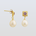 4 MM Amethyst Stone & 9 - 9.5 MM Freshwater Pearl Vienna Earrings in 24 CT Gold Plated Silver 925 Setting