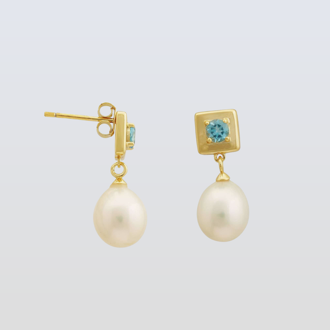 4 MM Swiss Blue Topaz Round Stone & 9 - 9.5 MM Freshwater Pearl Vienna Drop Earrings in 24 CT Gold Plated Silver 925 Setting
