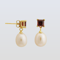 5 MM Red Garnet Square Stone & 9 - 9.5 MM Freshwater Pearl Bordeaux Drop Earrings in 24 CT Gold Plated Silver 925 Setting