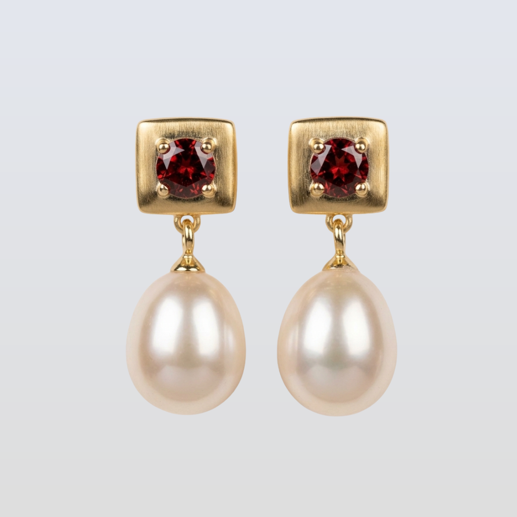 4 MM Rhodolite Garnet Stone & 9 - 9.5 MM Freshwater Pearl Vienna Earrings in 24 CT Gold Plated Silver 925 Setting