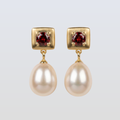 4 MM Rhodolite Garnet Stone & 9 - 9.5 MM Freshwater Pearl Vienna Earrings in 24 CT Gold Plated Silver 925 Setting