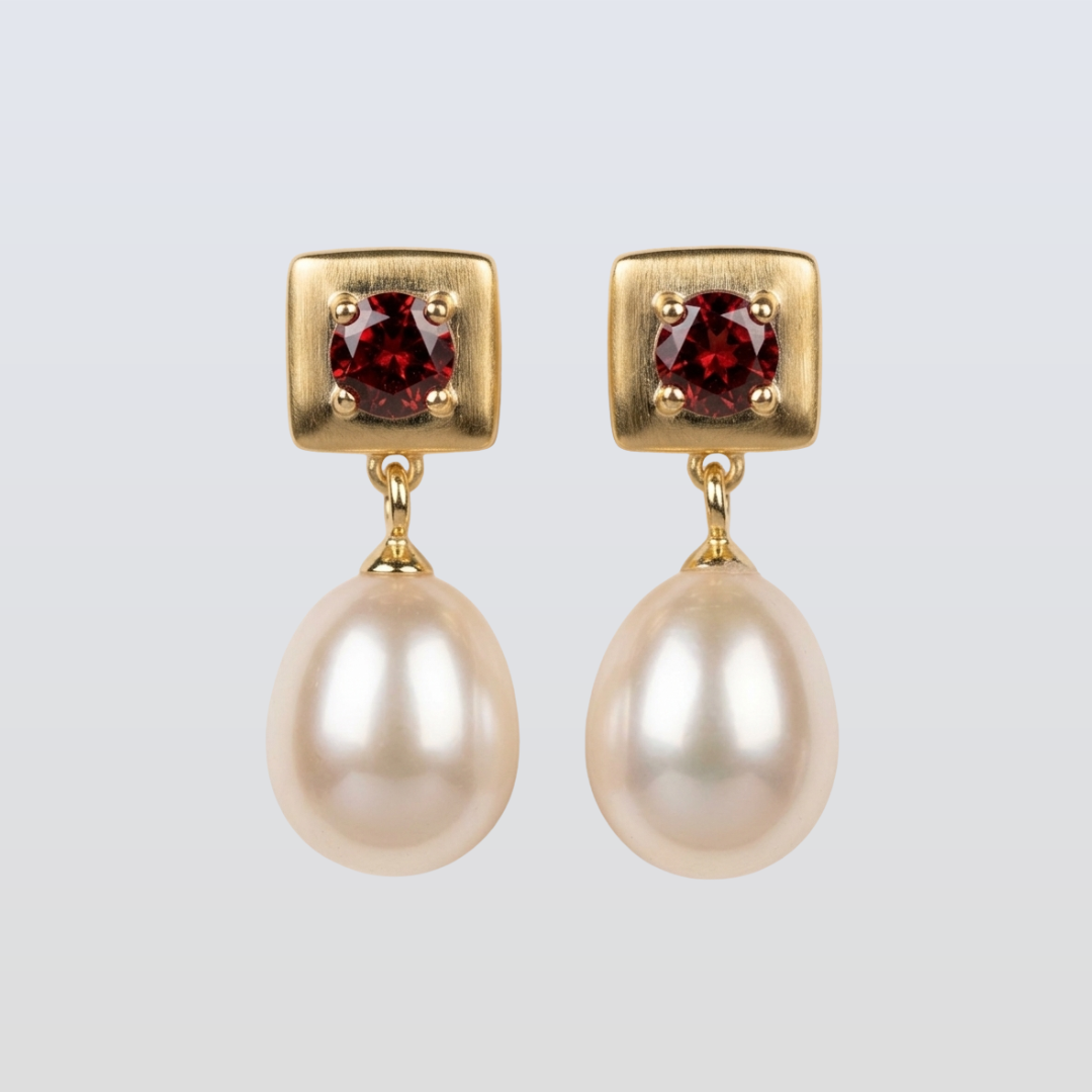 4 MM Rhodolite Garnet Stone & 9 - 9.5 MM Freshwater Pearl Vienna Earrings in 24 CT Gold Plated Silver 925 Setting