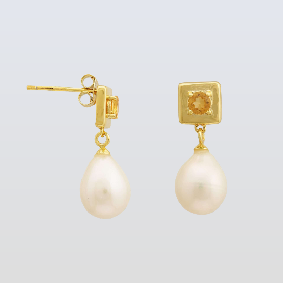 4 MM Citrine Stone & 9 MM Freshwater Pearl Vienna Drop Earrings
