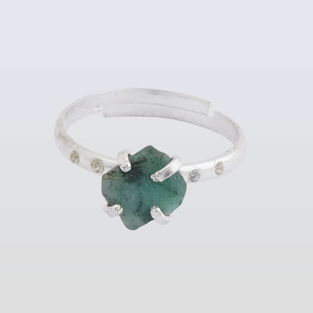 Emerald Adjustable Ring Handmade in its Natural form in 925 Silver