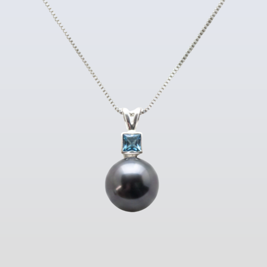 Tahitian South Sea Black Pearls with Natural Blue Topaz Stone Gilgit Pendant 10.5 - 11.5 MM