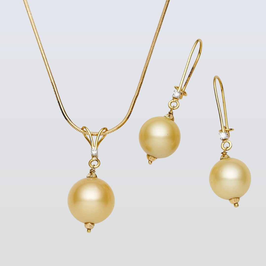 South Sea Gold Pearls Kookaburra Diamond Earrings in 14ct Gold 12-13 mm AAA