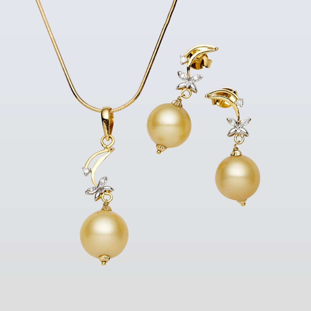 South Sea Gold Pearls Honeyeater Diamond Set in 14ct Gold Set 12-13 mm AAA