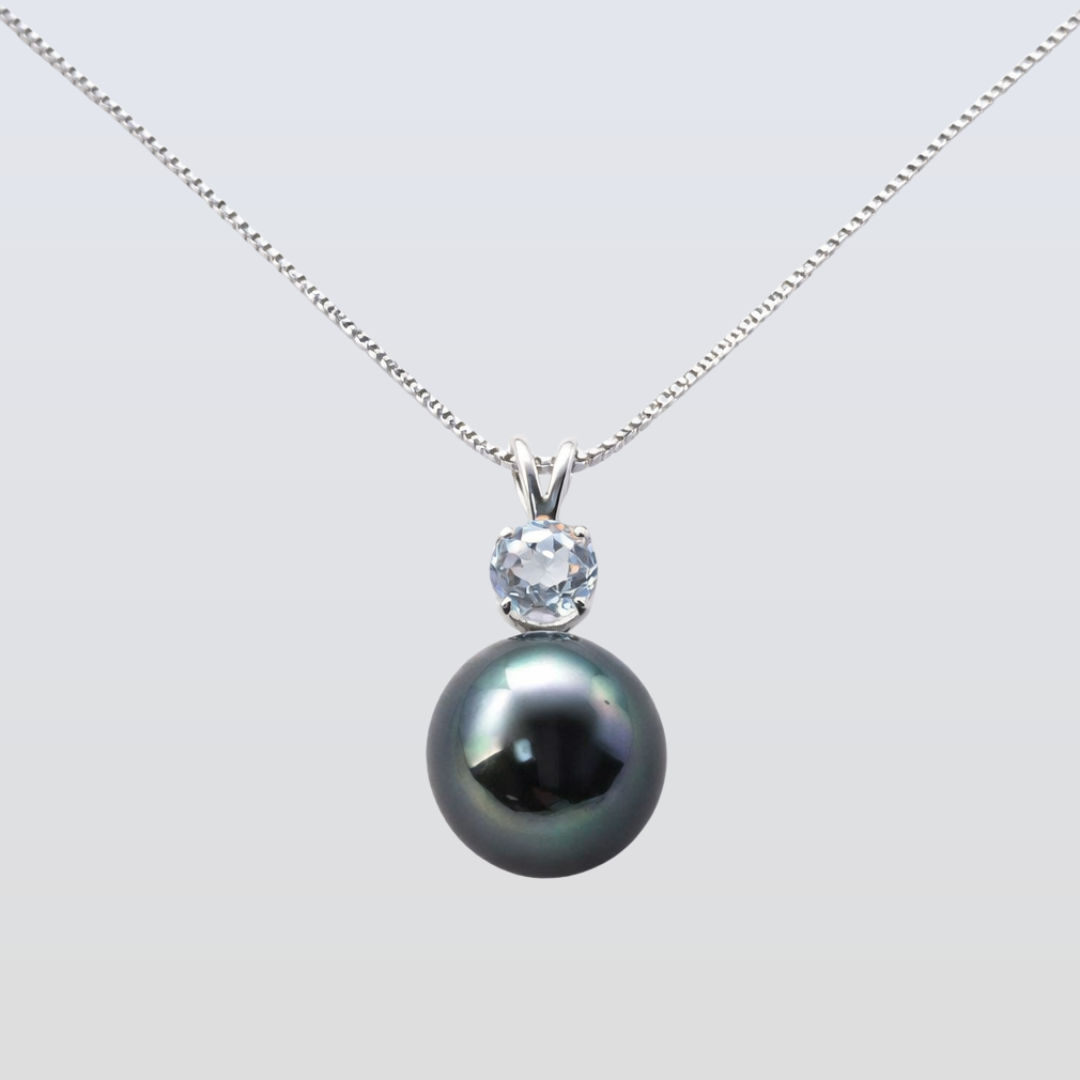 Tahitian South Sea Black Pearls with Natural White Topaz Stone Redsea Pendant 10.5 - 11.5 MM