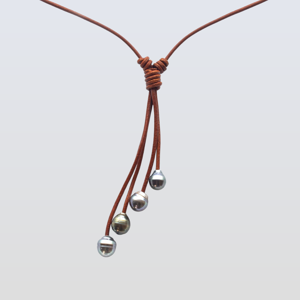 4 Natural Tahitian Pearl Necklace on Leather String – Sunshine Necklace (9-11mm)