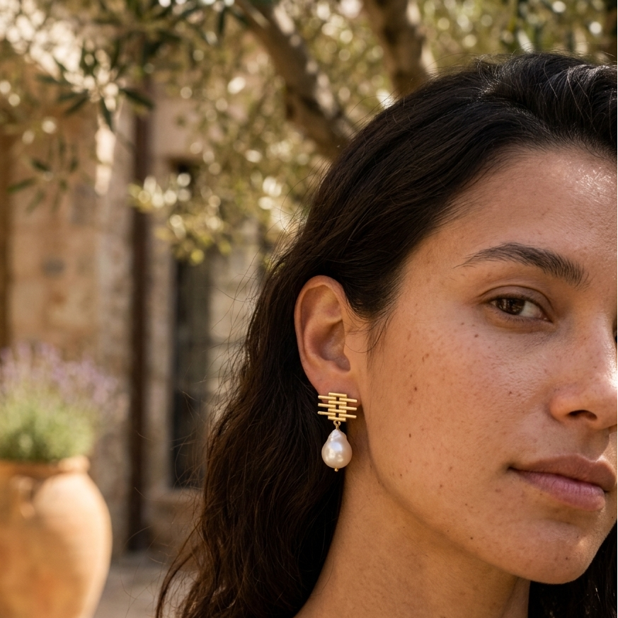 Woman wearing gold earrings with a blurred outdoor background