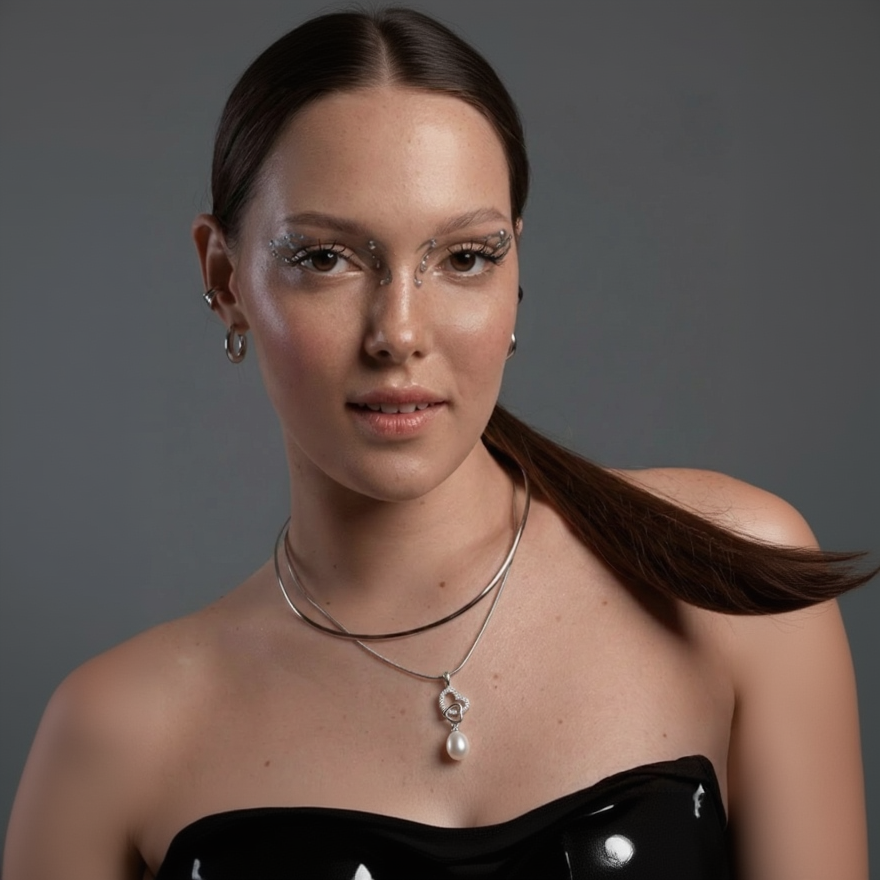 Woman wearing a necklace with a pearl pendant against a gray background